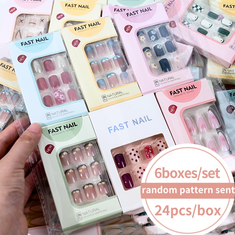Press On Nail Set - 6Boxes/Set Short Square Fake Nail Love