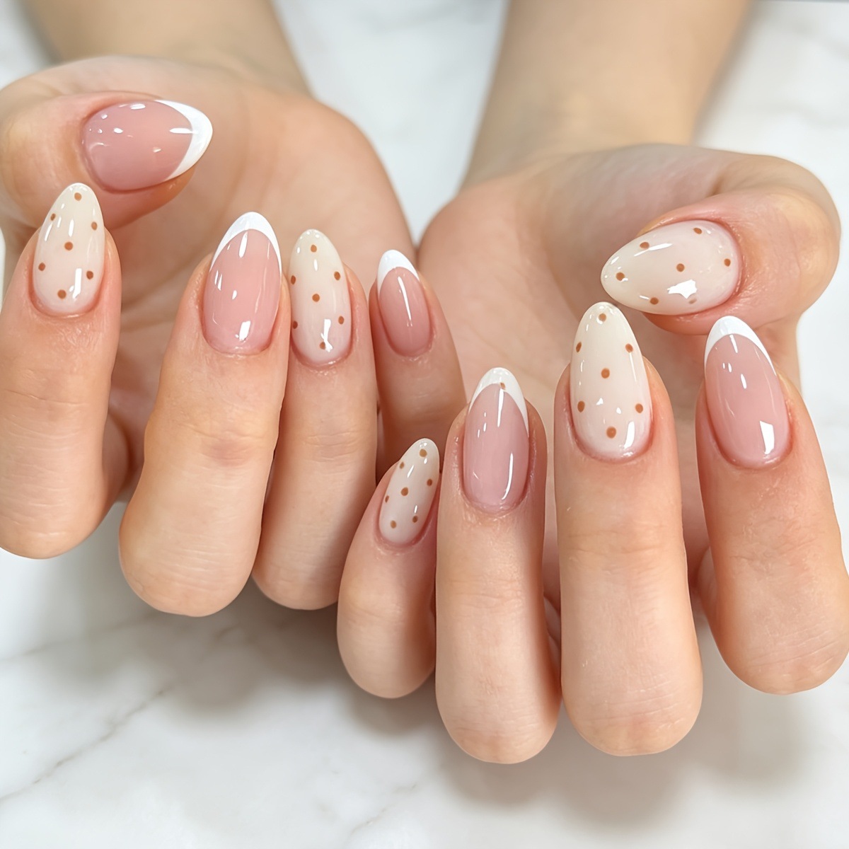Press On Nail Set - 24Pcs French Tip Flower Nails Polka