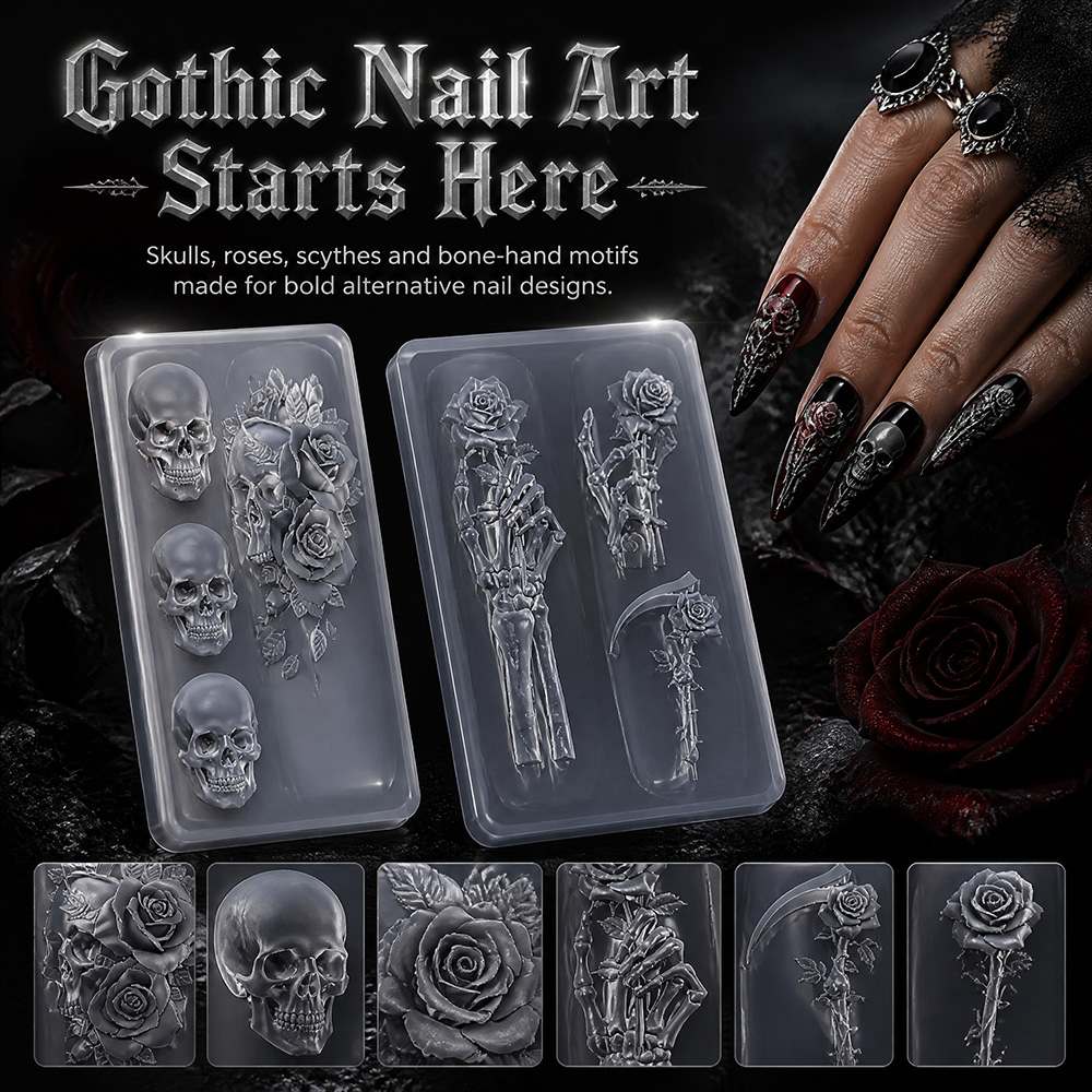 2Pcs Set Dark Rose Skull Silic - Nail Art Gothic recension och pris